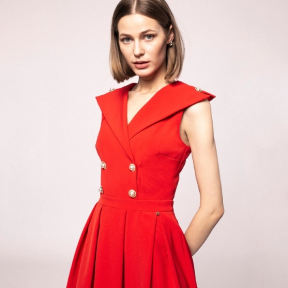 Nissa Red Lapel & Pearl Button Sleeveless Midi Dress Women’s Size 8